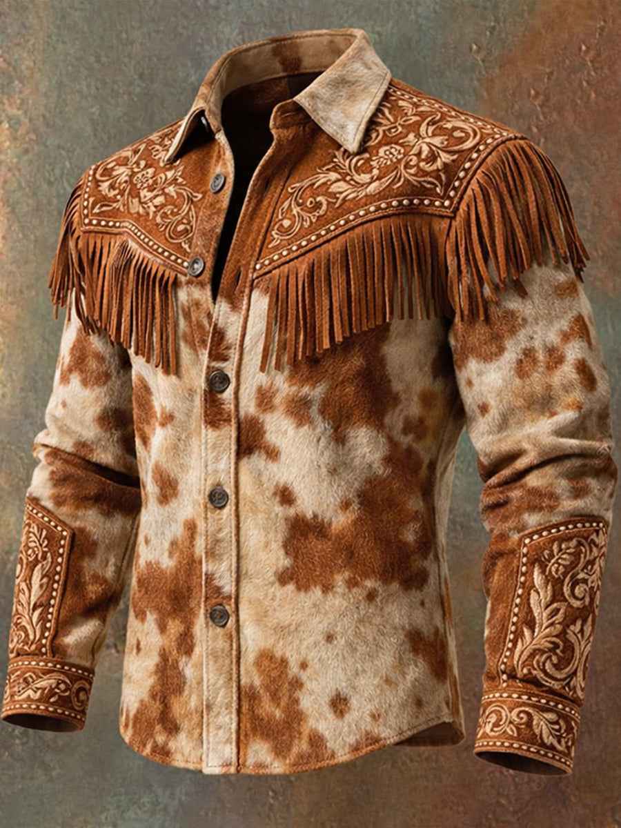 Men's Retro Western Style Print Vintage Tassel Casual Long Sleeve Shirt